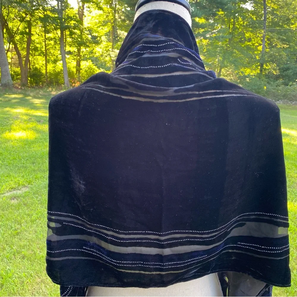 SCARF BLACK VELOUR BURN OUT FLORAL SILVER DOT ACCENT LONG FRINGE ENDS RECTANGLE